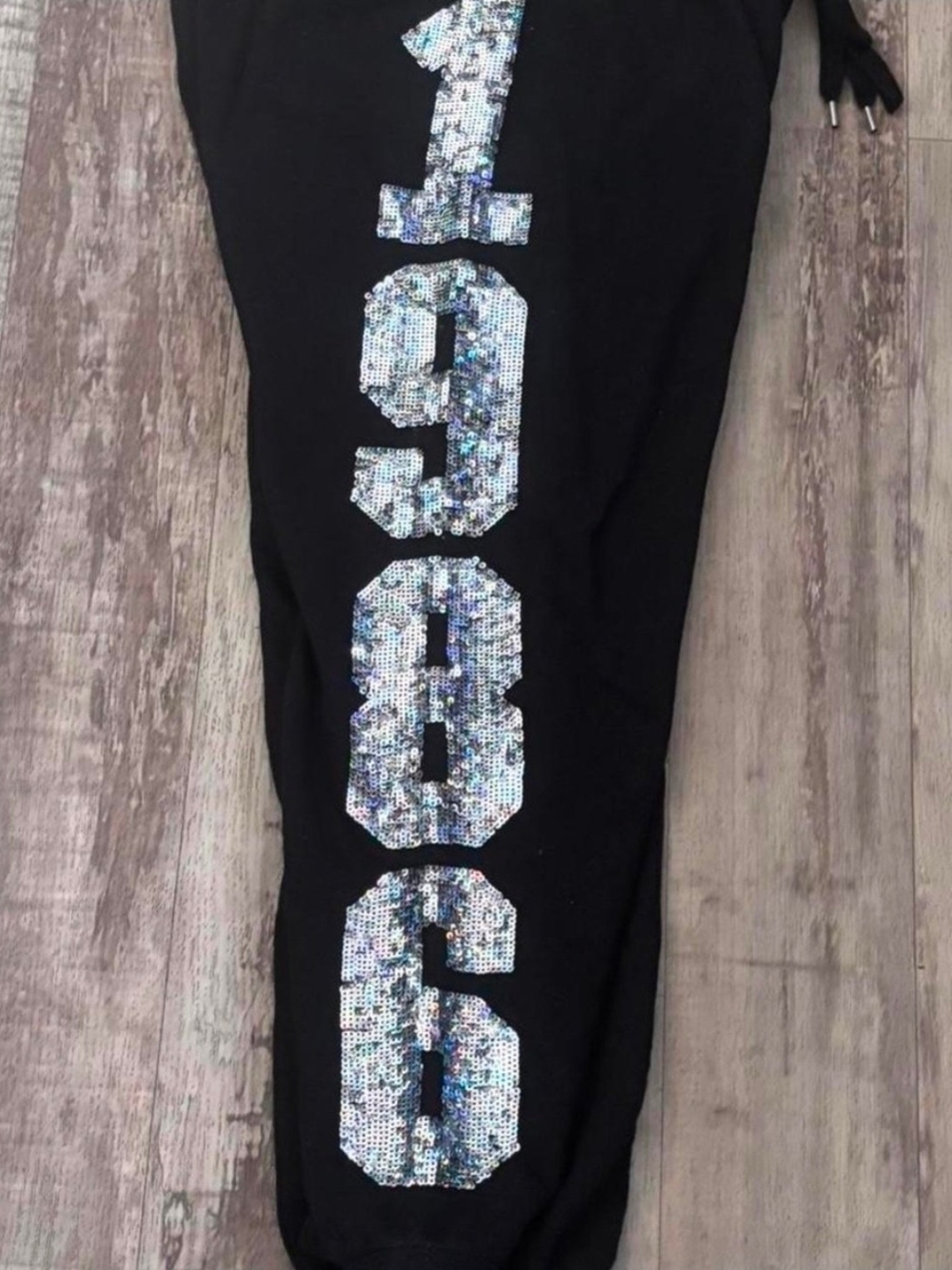 PINK Victoria's Secret Black Track Joggers with Iridescent Sequin 1986 Logo